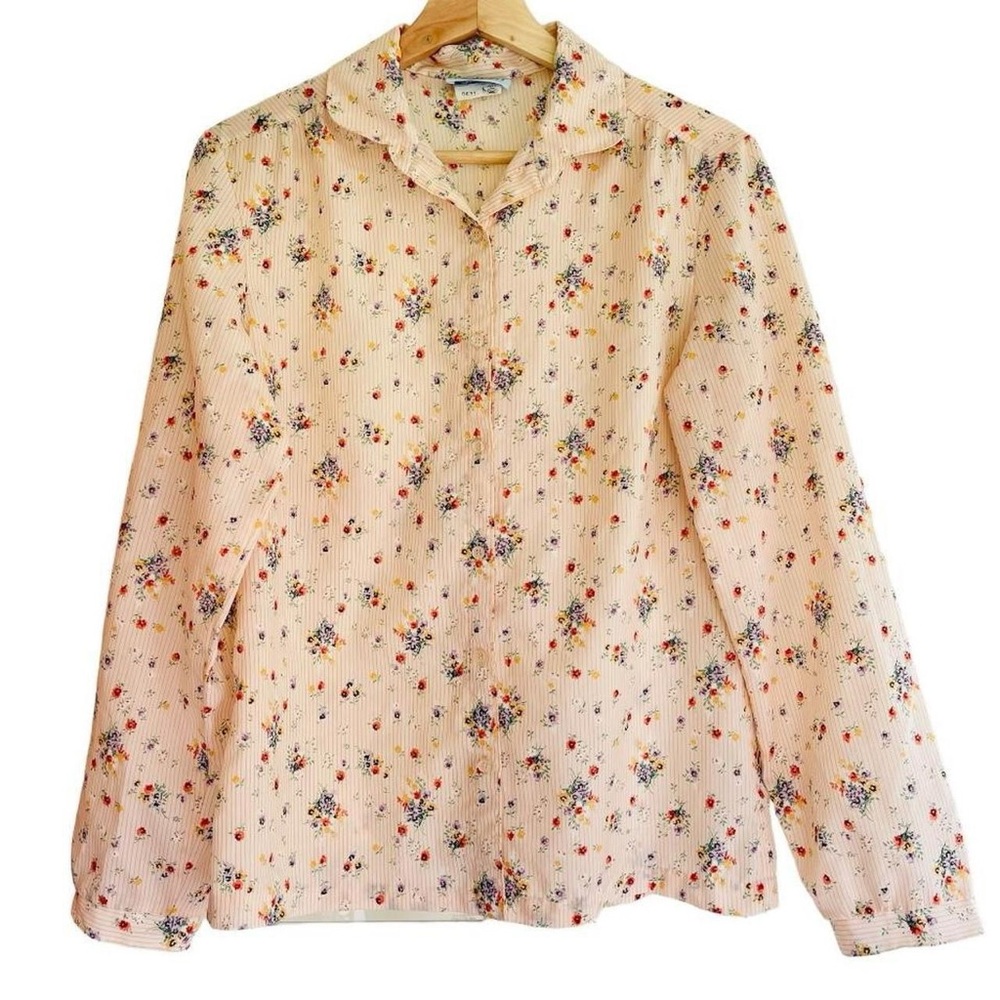 Vintage Retro Ship N Shore Peach Pastel Button Down Floral Print Blouse